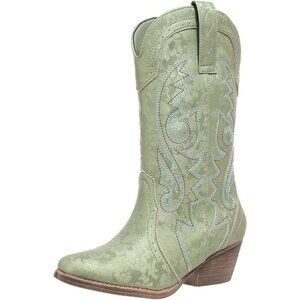 Women Cowgirl Green Synthetic Mid Calf Embroidered Stitched Pointy Toe Boot